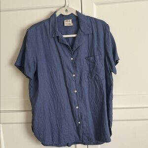 Beaton Linen blue button up top
